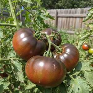 Ripe Black Krim Tomatoes on a vine with a garden background