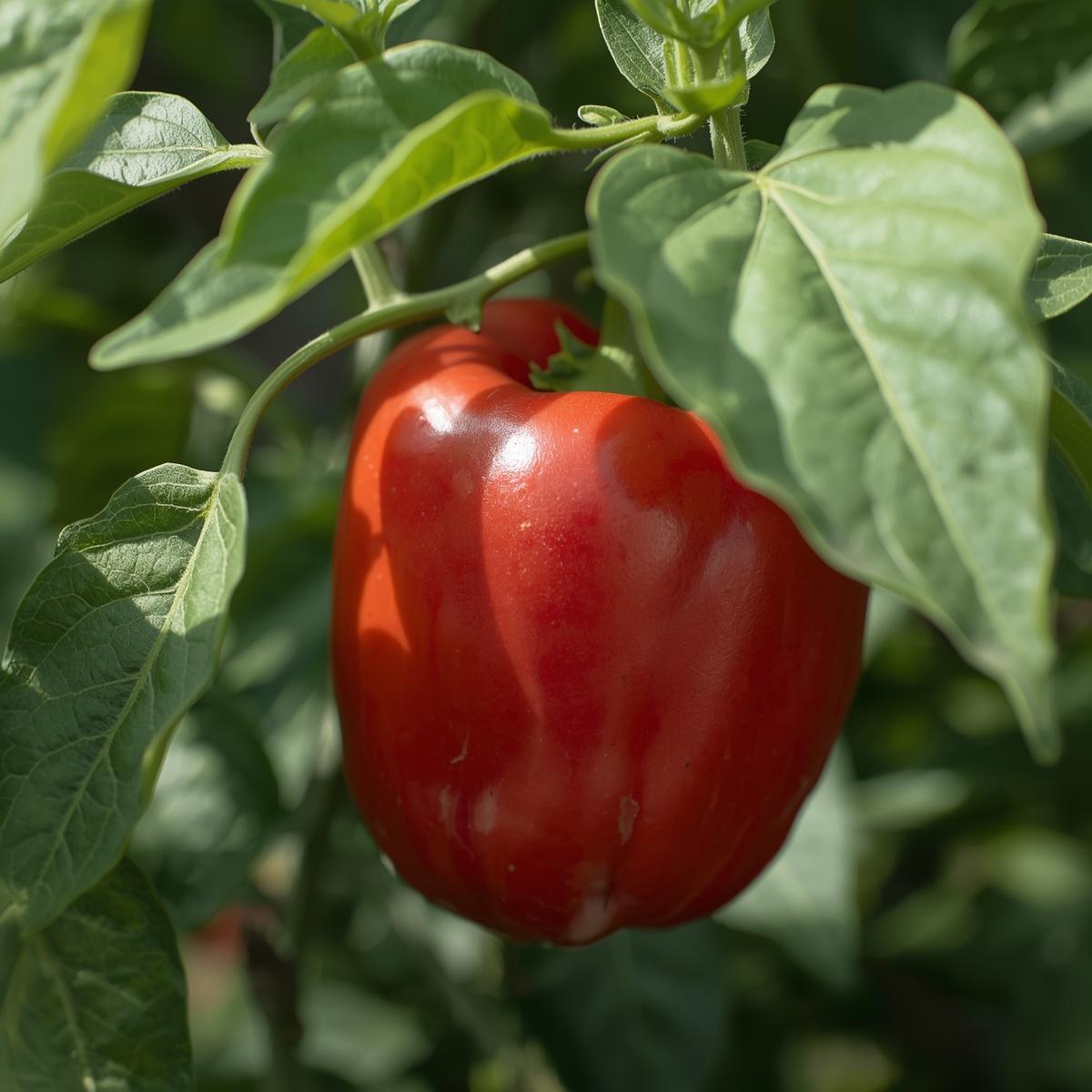Close up phot of a Cal Rose Red Bell Pepper Growing