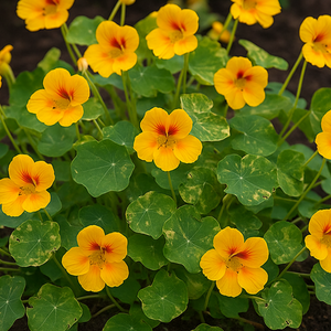 Cluster of yellow flowers with green leaves on a dark soil background