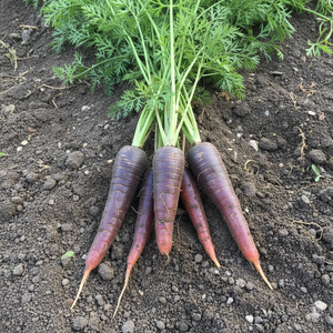Purple carrots with green tops on a soil background