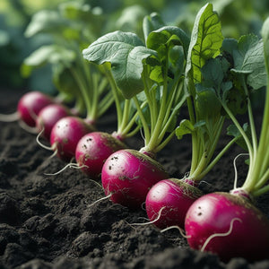 Row of radishes growing in soil with green leaves.