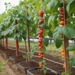 Rio Grande Tomato Garden Seeds Growing On A Vine In A Vegetable Garden