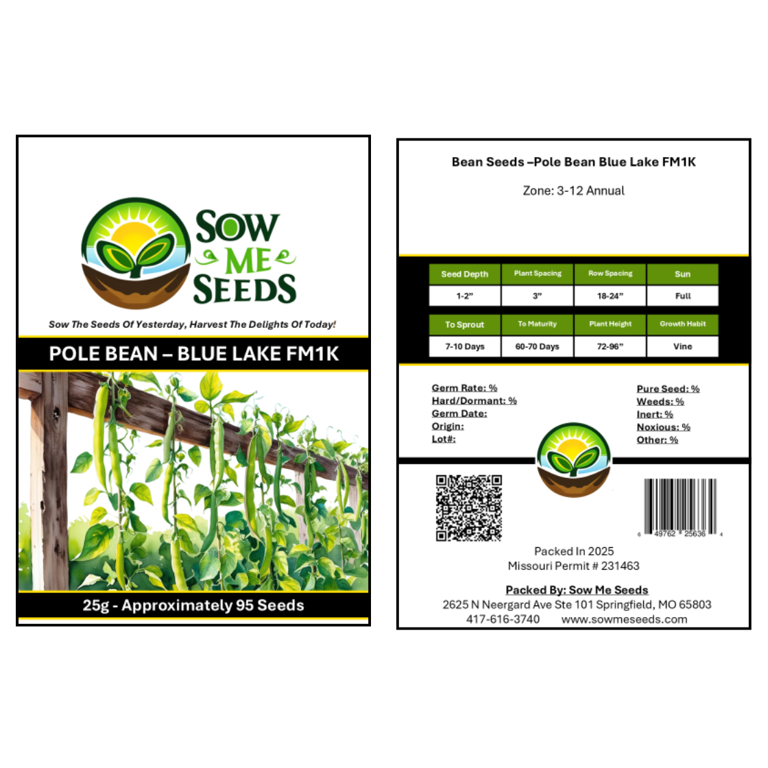 Bean Seeds - Pole - Blue Lake FM1K