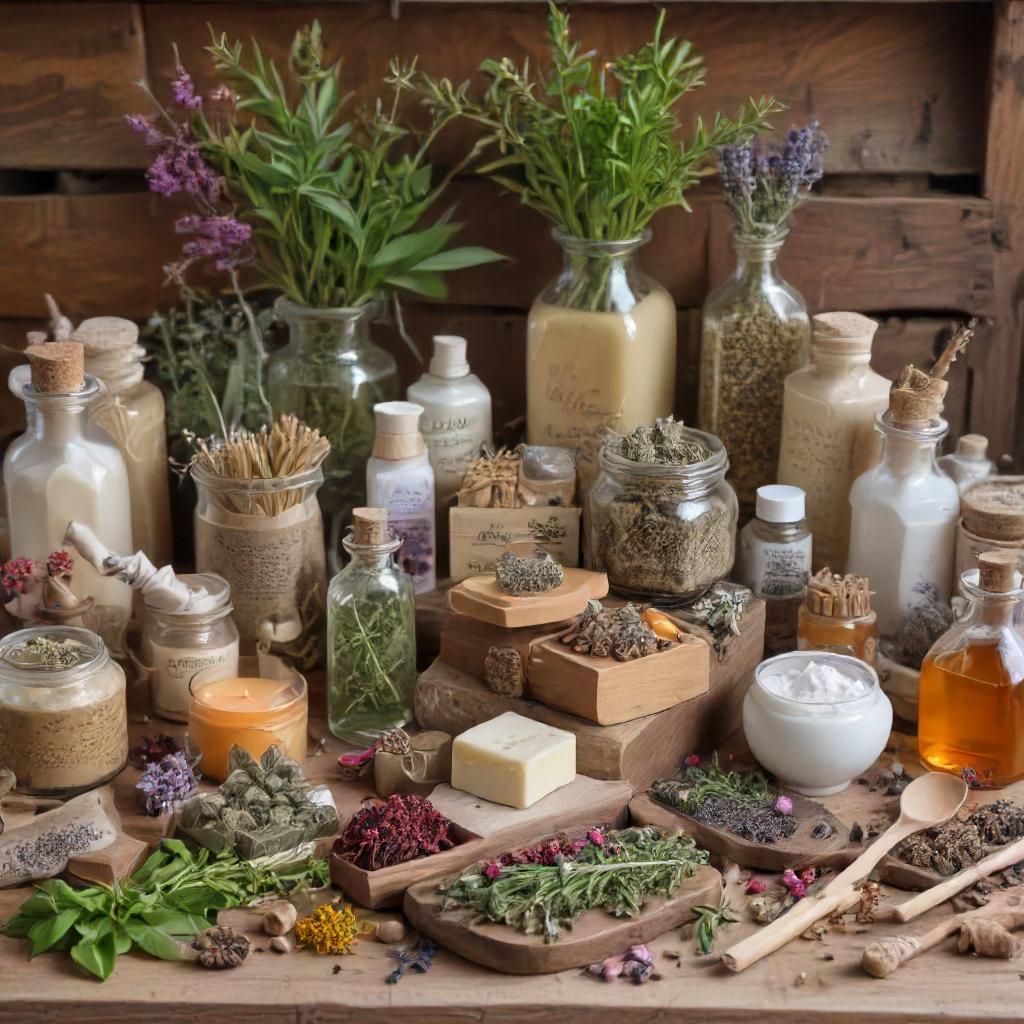 A variety of fresh, dried, and ground herbs, harvested from an heirloom herb garden.