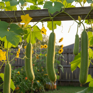 An image of a loofa sponge gourd growing in a garden
